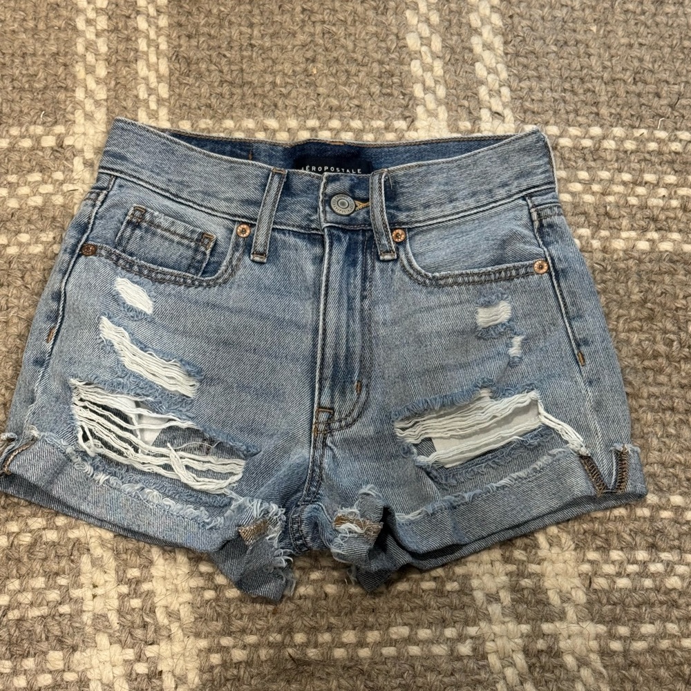 Aeropostale Women's Distressed Denim Mom Shorts - high rise